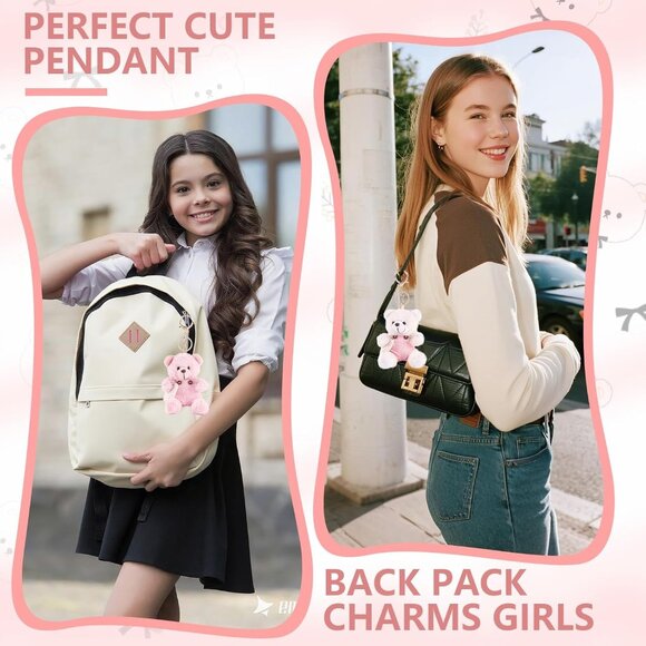 Pink Plush Teddy Bear Bag Charm Keychain for Backpack Purse Gifts - Picture 5 of 6